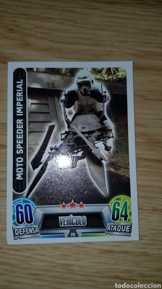 Juguetes antiguos y Juegos de colecci&oacute;n: Carta cromo Star Wars veh&iacute;culo moto Speeder imperial 76 trading card toops Force Attax Carrefour