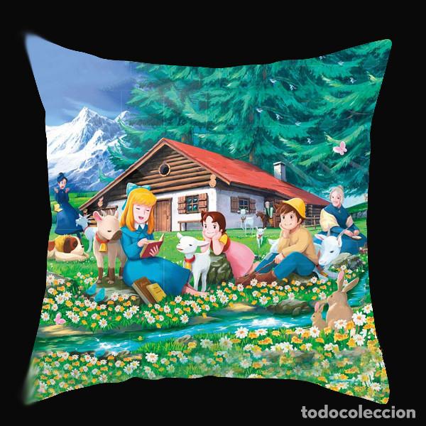 Juguetes antiguos y Juegos de colecci&oacute;n: FUNDA PARA COJ&Iacute;N.HEIDI CON LOS PERSONAJES JUNTO A CASITA DE LOS AL.DOBLE ESTAMPADO.45 CMS.DE LADO.