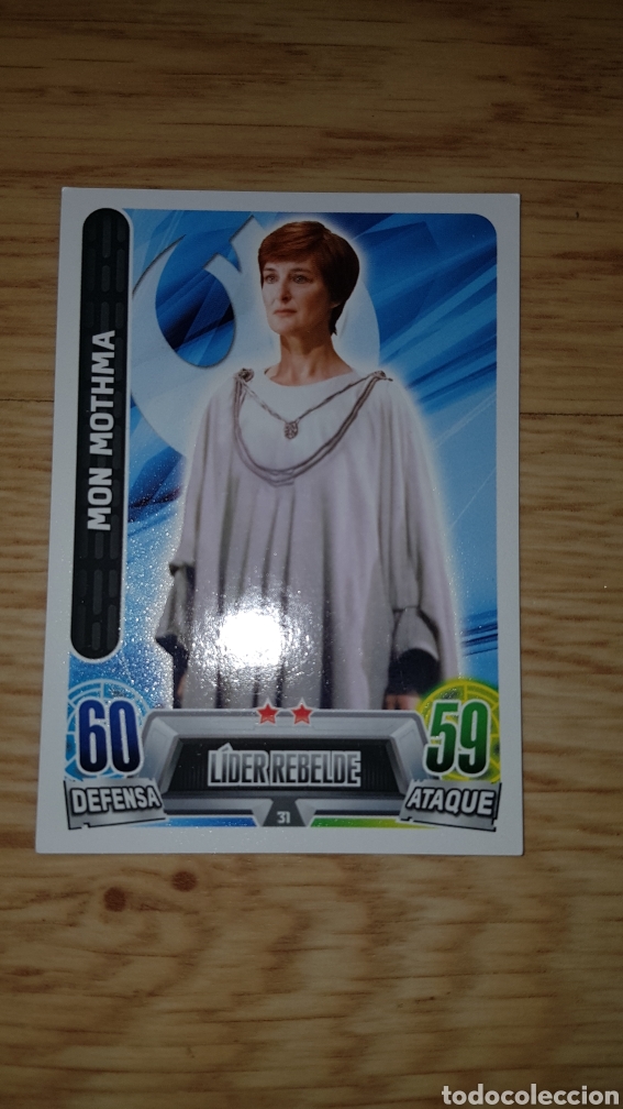 Juguetes antiguos y juegos de colecci&oacute;n: Carta cromo Star Wars L&iacute;der rebelde Mon Mothma 31 trading card toops Force Attax Carrefour