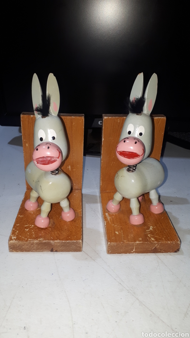 Juguetes antiguos y Juegos de colecci&oacute;n: Pareja de sujeta libros BURRITOS BURRO GOULA de madera a&ntilde;os 70