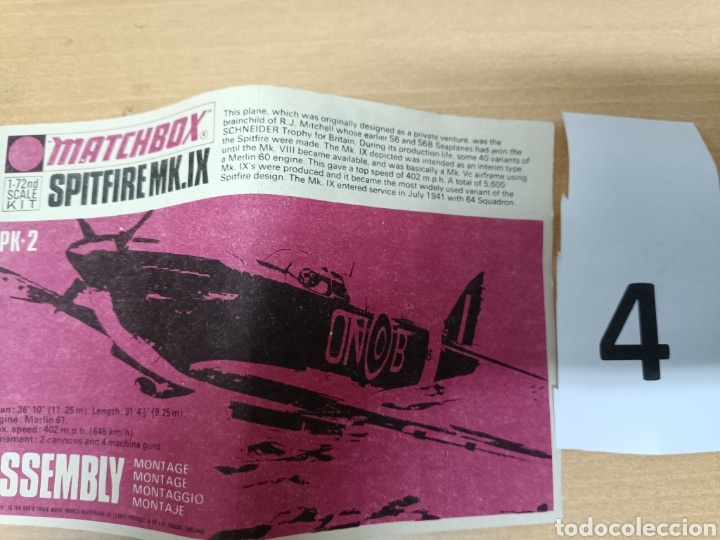 Juguetes antiguos y Juegos de colecci&oacute;n: Matchbox spitfire MK9 instrucciones solo papel