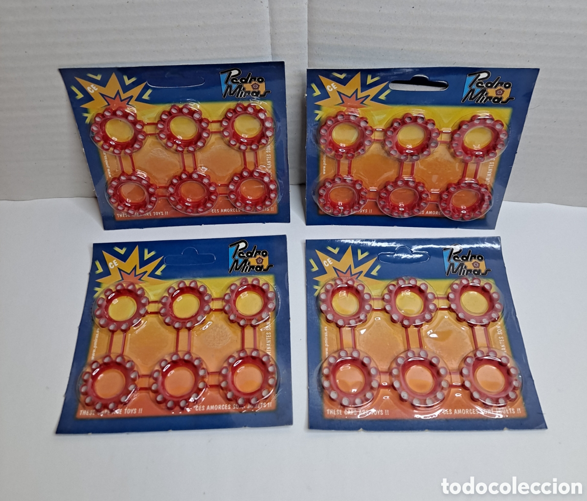 Juguetes antiguos y juegos de colecci&oacute;n: LOTE 4 BLISTER FULMINANTES PEDRO MIRAS. 12 TIROS. NUEVOS. 6 DISCOS. AMORCES. CAPS. PISTOLA JUGUETE.