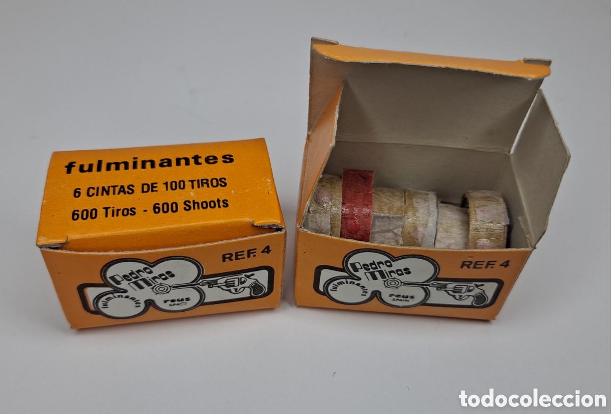 Juguetes antiguos y juegos de colecci&oacute;n: PEDRO MIRAS. 2 CAJAS FULMINANTES PAPEL 6 CINTAS DE 100 TIROS. NUEVOS. REUS. REF 4. CAJITAS. LOTE.