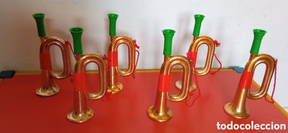 Juguetes antiguos y Juegos de colecci&oacute;n: LOTE DE 6 TROMPETAS SONORAS CORNET&Iacute;N DE &Oacute;RDENES DE PL&Aacute;STICO METALIZADO (17 CM).NACIONAL 70'S.