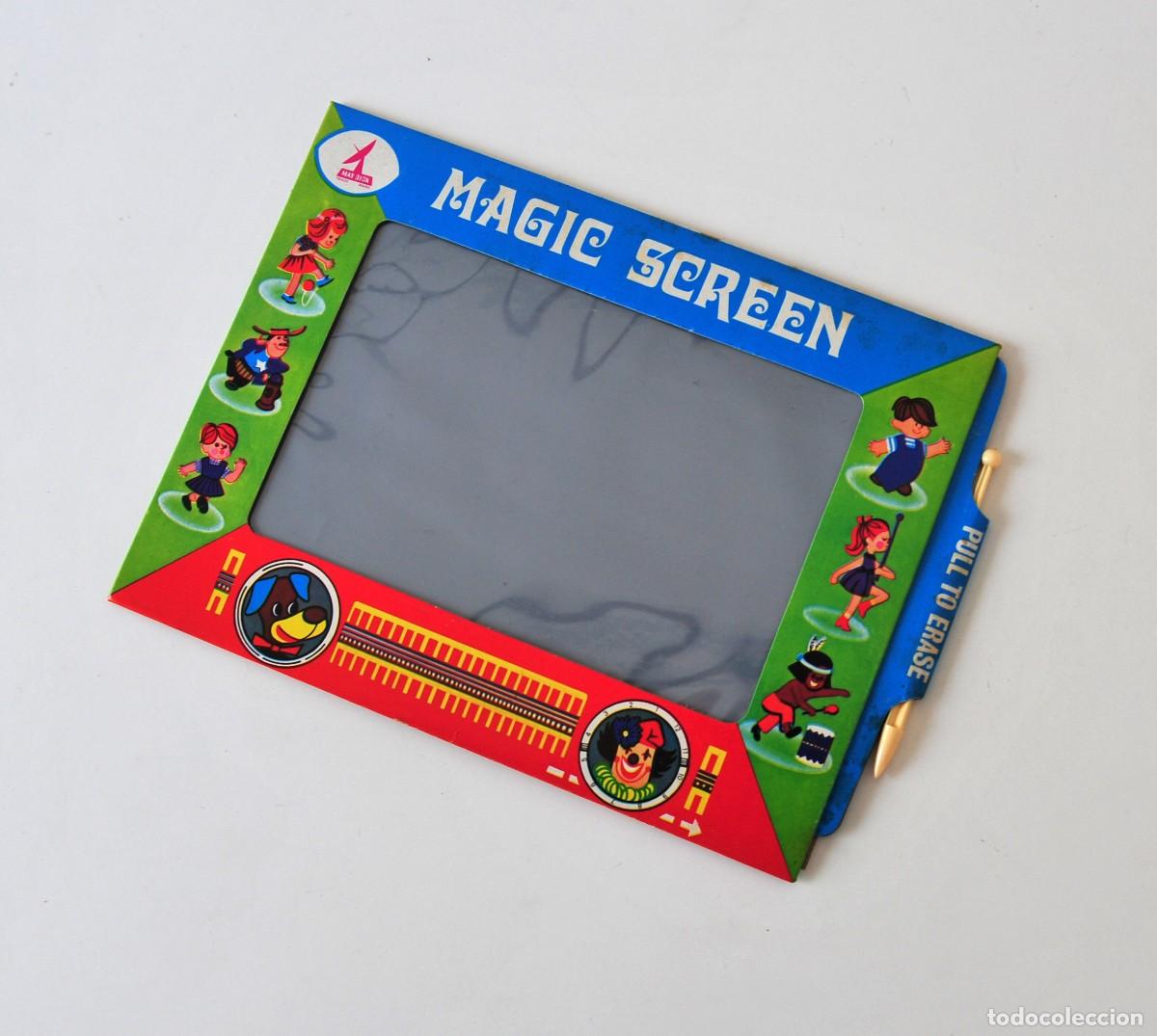 Jouets Anciens et Jeux de collection: Pizarra m&aacute;gica vintage de cart&oacute;n. Magic Screen. Con puntero. Decorado con ilustraciones infantiles