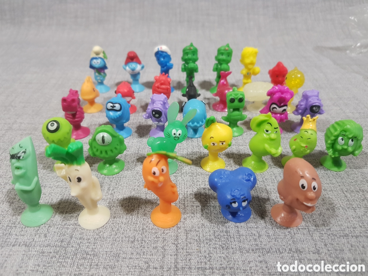Juguetes antiguos y Juegos de colecci&oacute;n: LOTE 33 STIKEEZ LIDL PITUFOS (SMURFS) VERDURAS, FRUTAS, ANIMALES