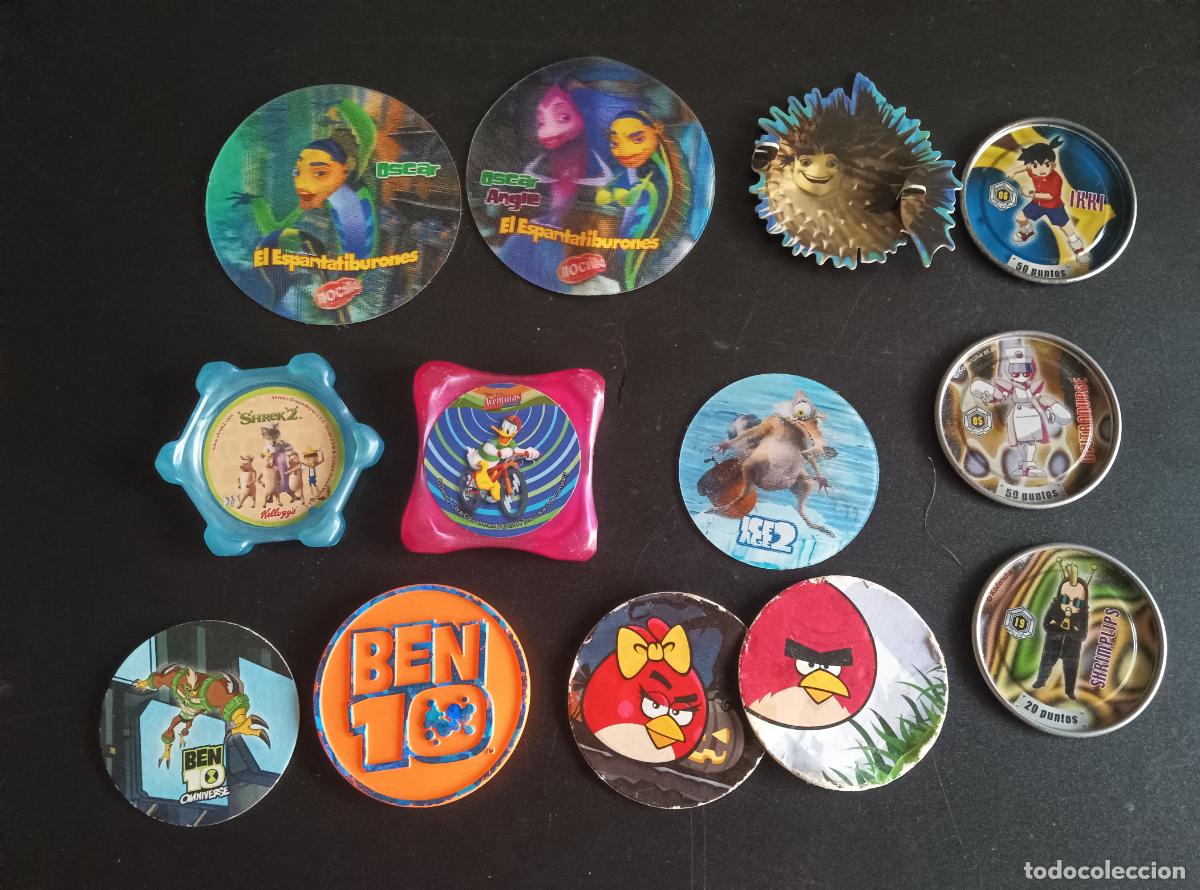 Juguetes antiguos y Juegos de colecci&oacute;n: LOTE DE 13 TAZOS A&Ntilde;OS 2000: MEDABOTS, WAPS, ANGRY BIRDS, BEN 10, EL ESPANTATIBURONES, SHREK...