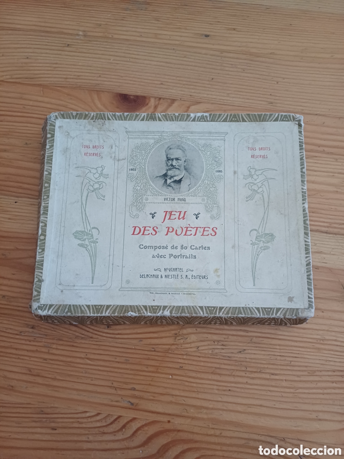 Juguetes antiguos y Juegos de colecci&oacute;n: Caja juego Jeu des Po&egrave;tes Delachaux Nestle incompleta 3 cartas Theuriet Godet sellos Zurich Bahnhof