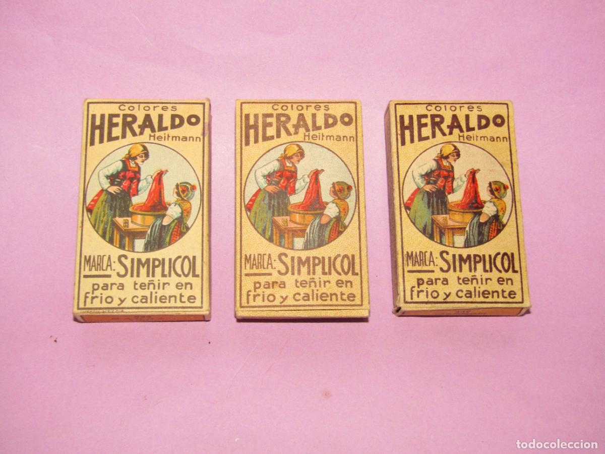 Juguetes antiguos y juegos de colecci&oacute;n: Antiguos 3 Paquetes de Tinte para Ropa en Frio y Caliente HERALDO Marca SIMPLICOL