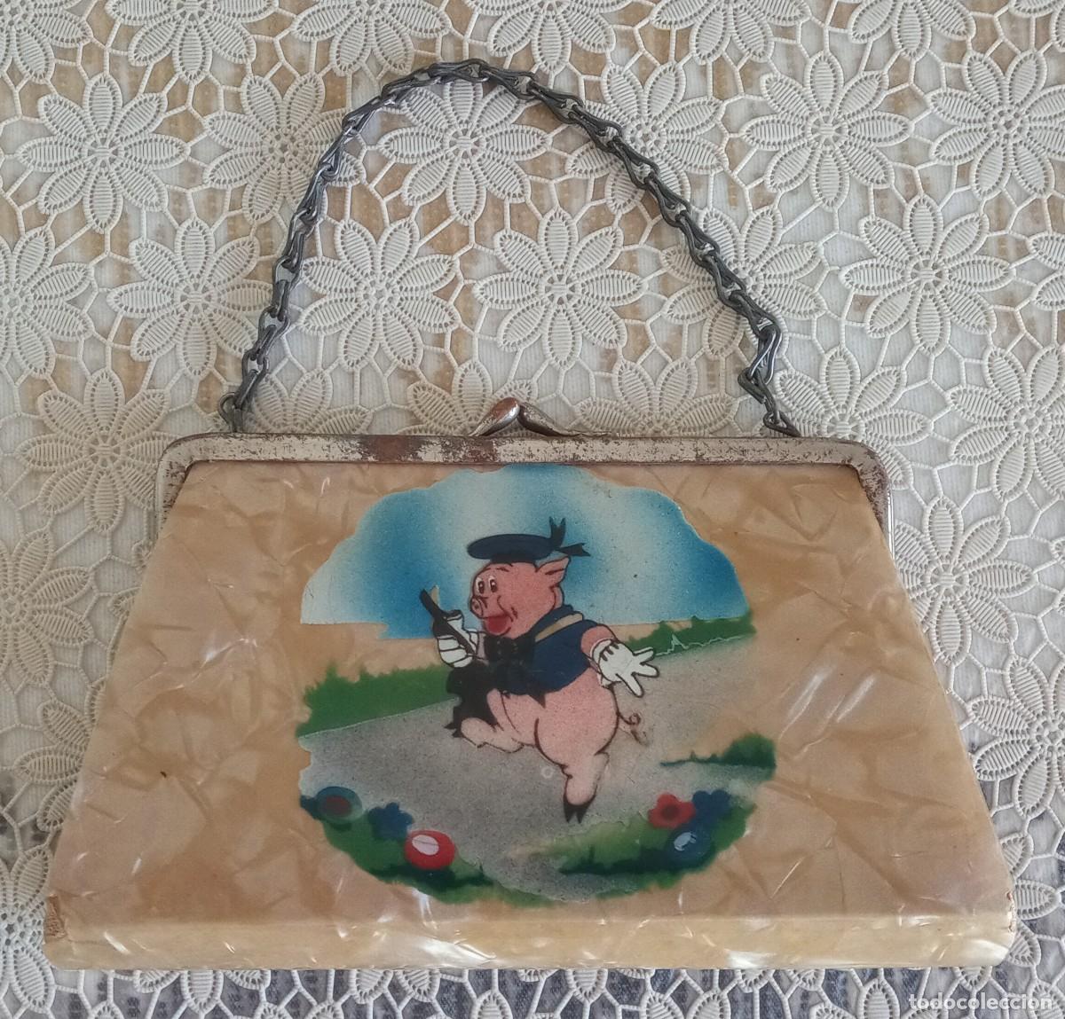 Juguetes antiguos y Juegos de colecci&oacute;n: Antiguo bolsito 1930s juguete pl&aacute;stico y tela con imagen de uno de los tres cerditos de Walt Disney