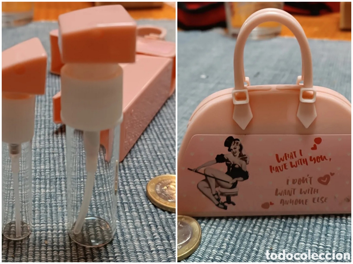 Brinquedos antigos e Jogos de cole&ccedil;&atilde;o: Curioso MINI Bolso Malet&iacute;n r&iacute;gido en color rosa Pik Up, con 2 frascos de cristal con difusor.