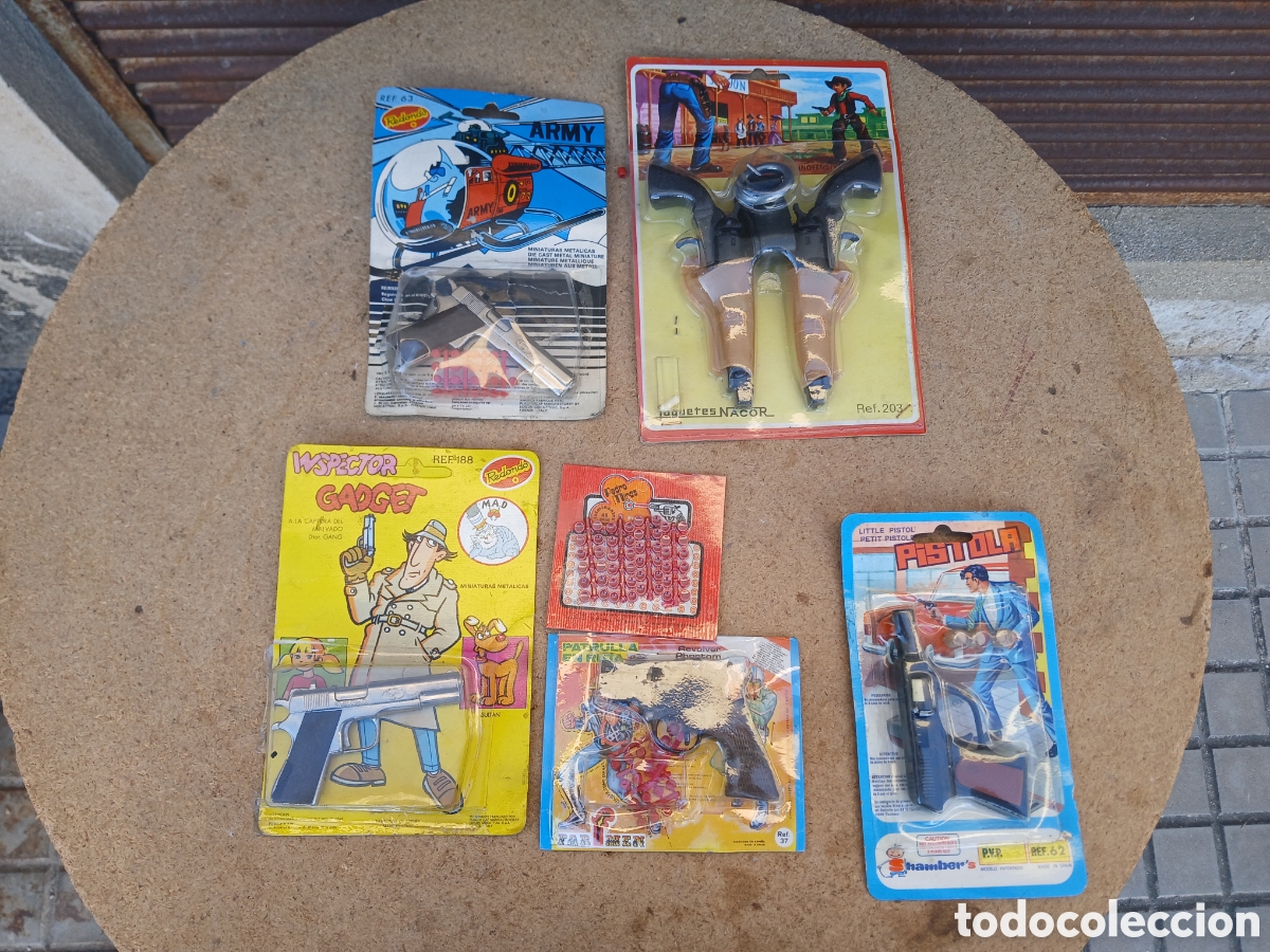 Juguetes antiguos y Juegos de colecci&oacute;n: LOTE, 5 BLISTER CON PISTOLAS DETONANTES REDONDO ETC, INSPECTOR GADGET.