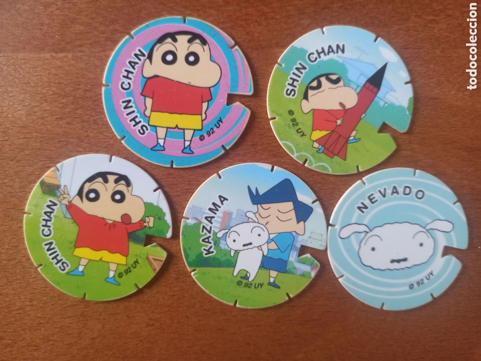 Giocattoli antichi e Giochi di collezione: Lote 5 tazos SHIN CHAN a&ntilde;o 1992 Grefusa n&ordm; 1 61 64 82 y 107
