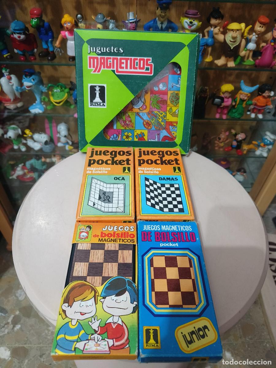 Juguetes antiguos y Juegos de colecci&oacute;n: 5 Juegos de bolsillo magneticos vintage a&ntilde;os 80 Rima y Chico Oca ajedrez damas