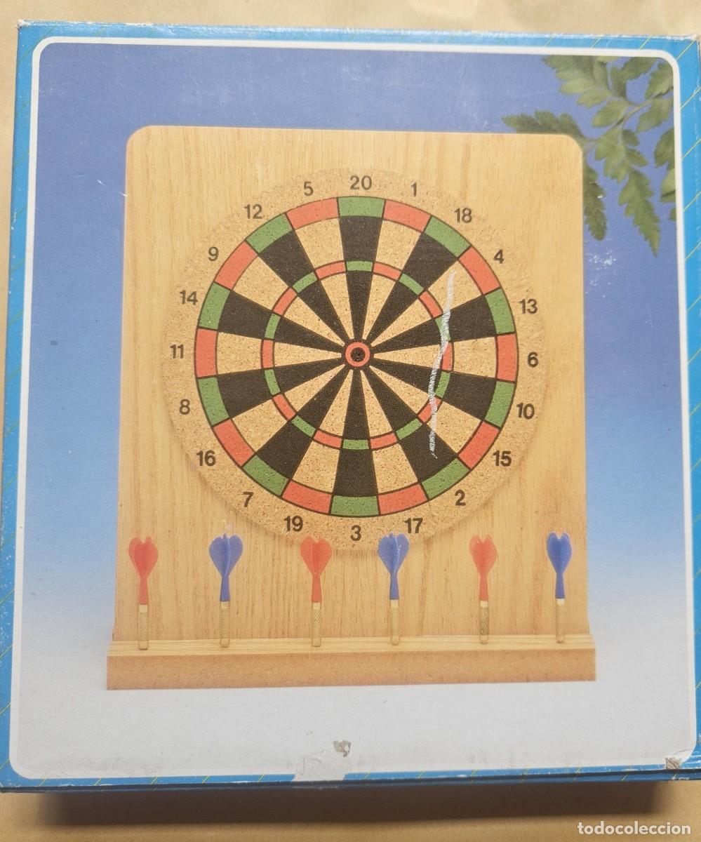 Juguetes antiguos y Juegos de colecci&oacute;n: Juego 6 mini dardos darts y diana - madera corcho - Made In Taiwan - caja original principios 90