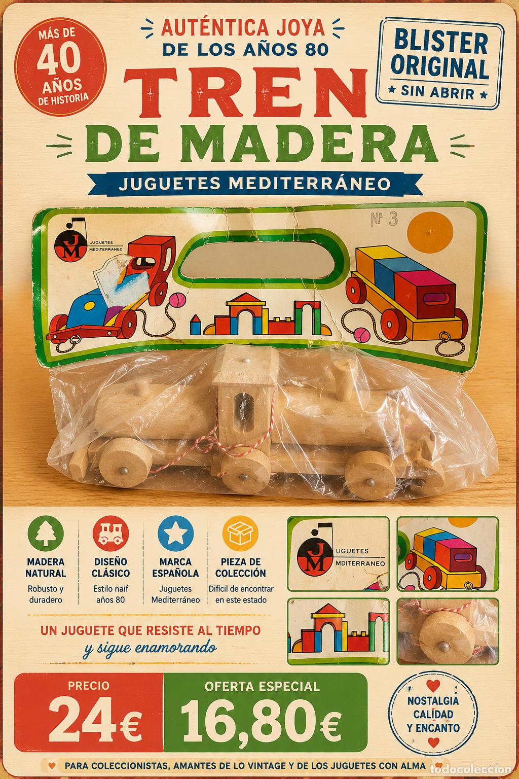 Juguetes antiguos y Juegos de colecci&oacute;n: TREN DE MADERA JUGUETES MEDITERR&Aacute;NEO / BLISTER ORIGINAL SIN ABRIR / A&Ntilde;OS 80 / VINTAGE