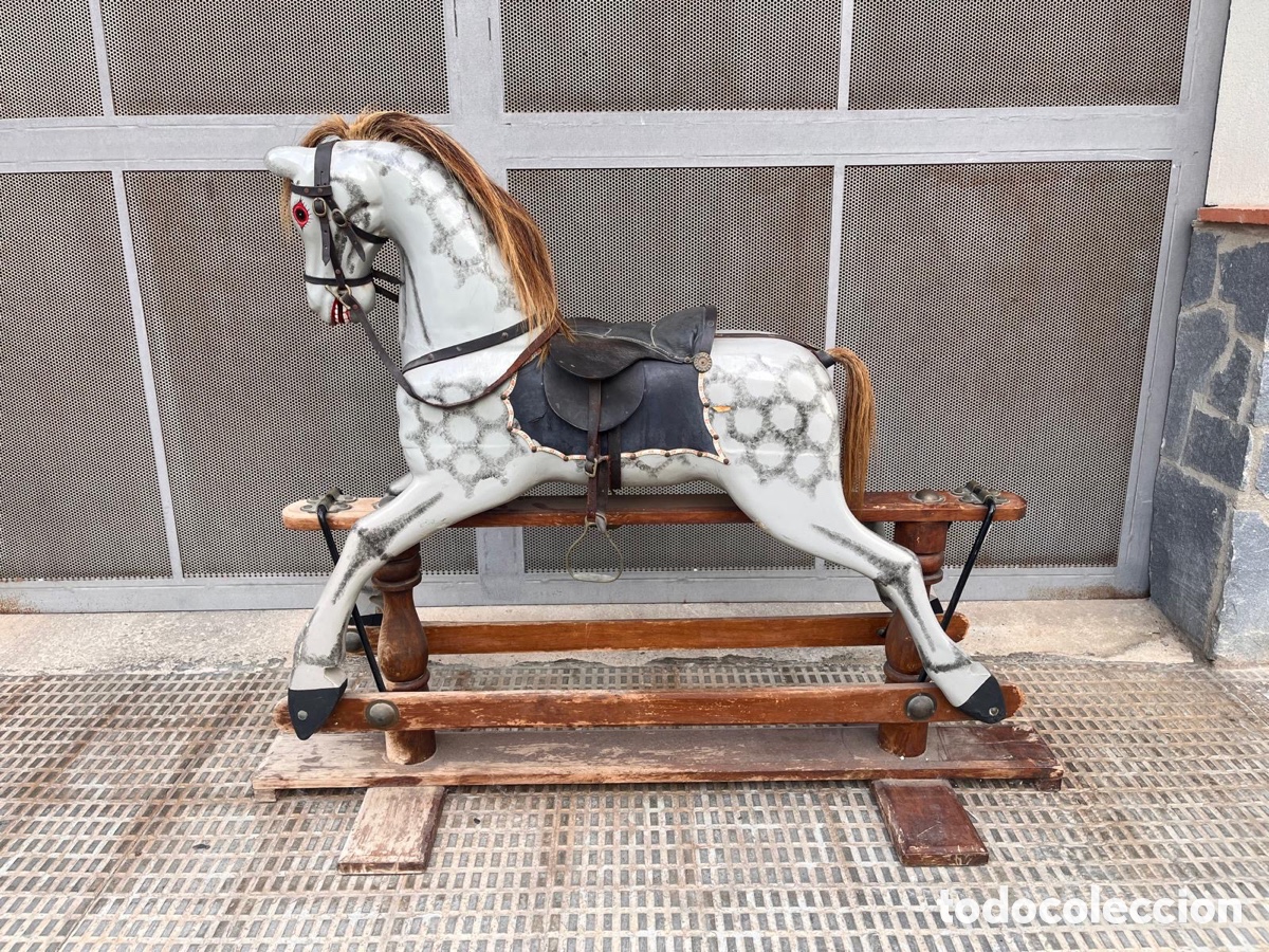 Juguetes antiguos y Juegos de colecci&oacute;n: Antiguo Caballo balanc&iacute;n vintage artesanal de gran tama&ntilde;o con pelo natural