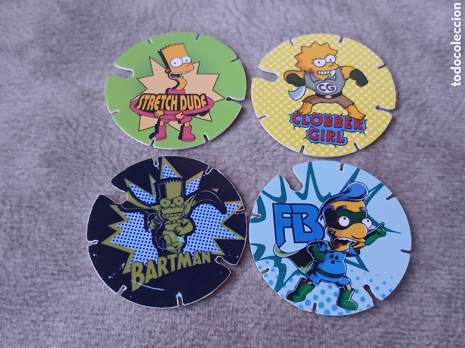Juguetes antiguos y Juegos de colecci&oacute;n: 4 Tazos Los Simpson-Promoci&oacute;n Chetos Matutano- A&ntilde;o 2012/14