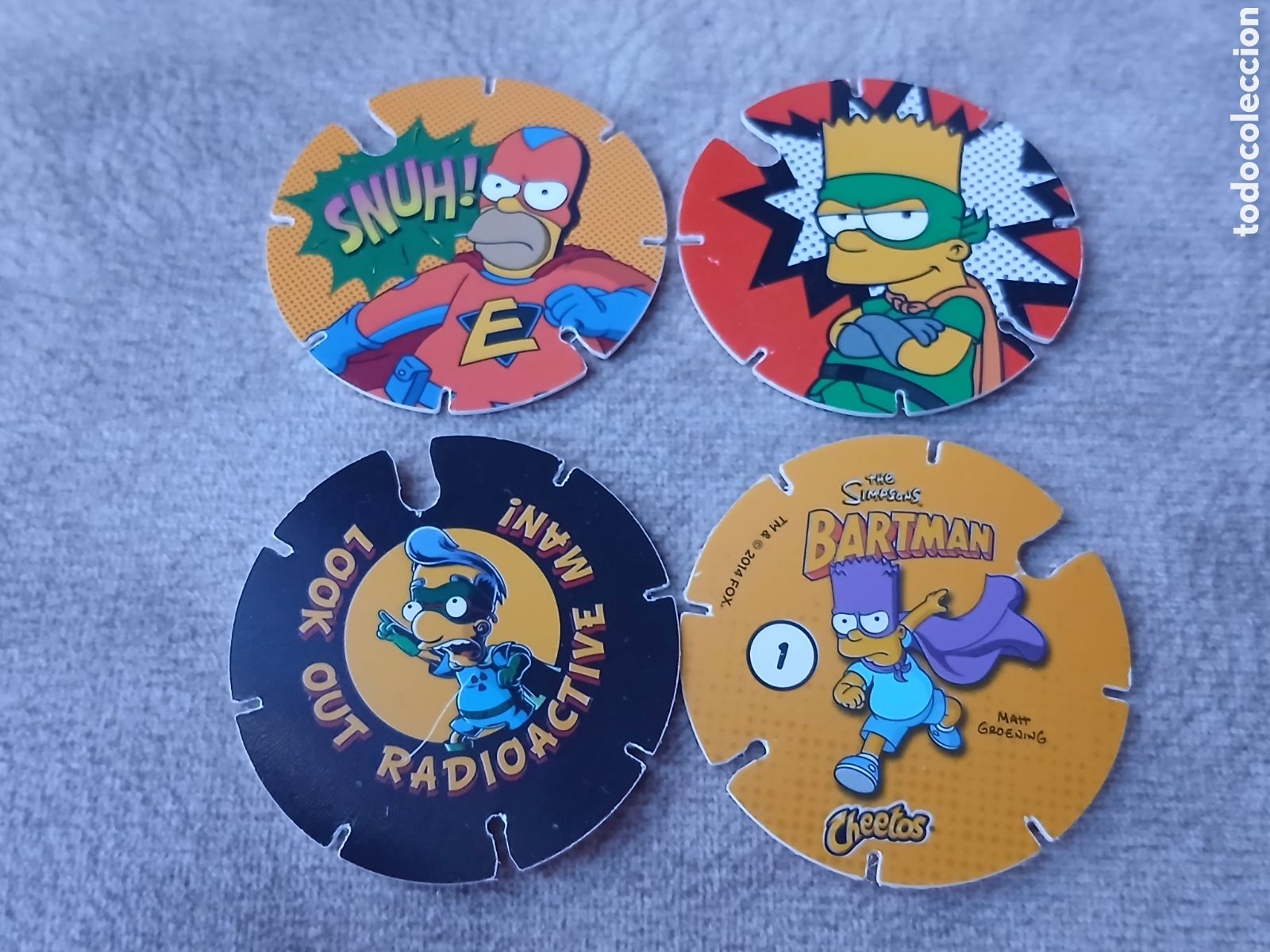 Juguetes antiguos y Juegos de colecci&oacute;n: 4 Tazos Los Simpson -Promoci&oacute;n Chetos Matutano- A&ntilde;o 2012/14