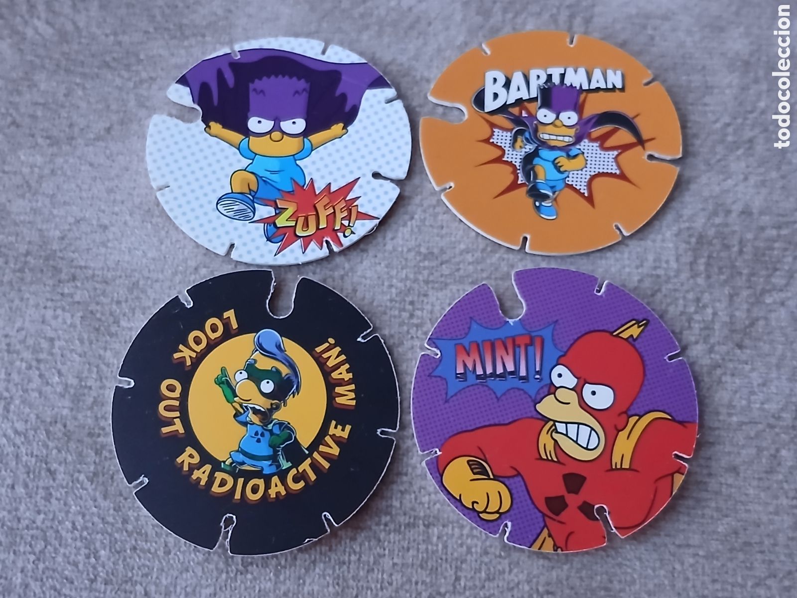 Juguetes antiguos y Juegos de colecci&oacute;n: 4 Tazos Los Simpson -Promoci&oacute;n Chetos Matutano- A&ntilde;o 2012/14