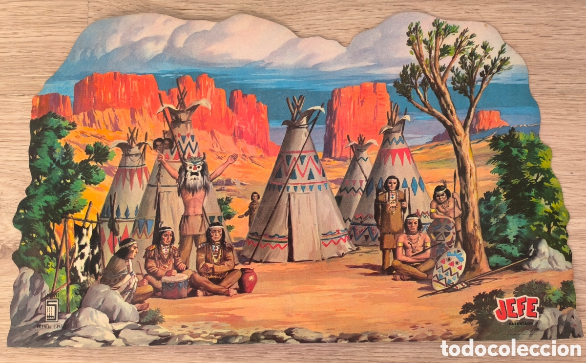 Juguetes antiguos y Juegos de colecci&oacute;n: RW ANTIGUO CARTEL CARTON DURO PUBLICIDAD JUGUETES JEFE SALUDES VALENCIA MU&Ntilde;ECOS INDIOS E39