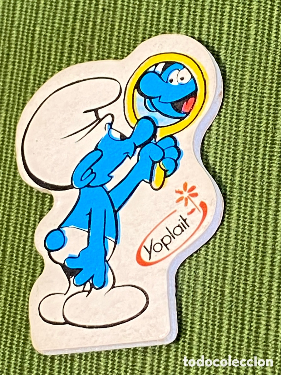 Juguetes antiguos y Juegos de colecci&oacute;n: Antiguo cromo acolchado troquelado de un pitufo. Publicidad Yoplait, los pitufos Peyo. Sallent.