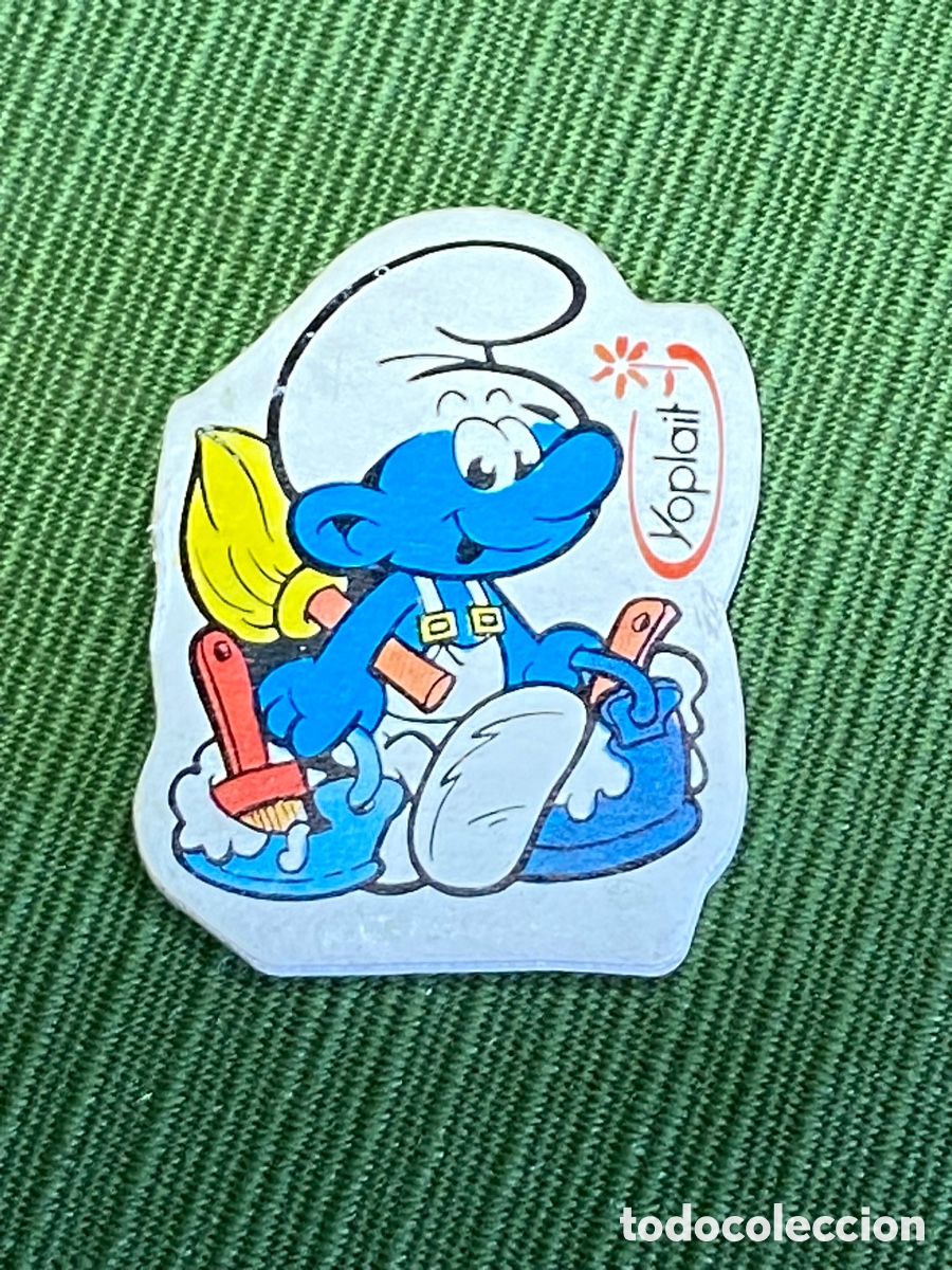 Juguetes antiguos y Juegos de colecci&oacute;n: Antiguo cromo acolchado troquelado de pitufo pintor. Publicidad Yoplait, los pitufos Peyo.