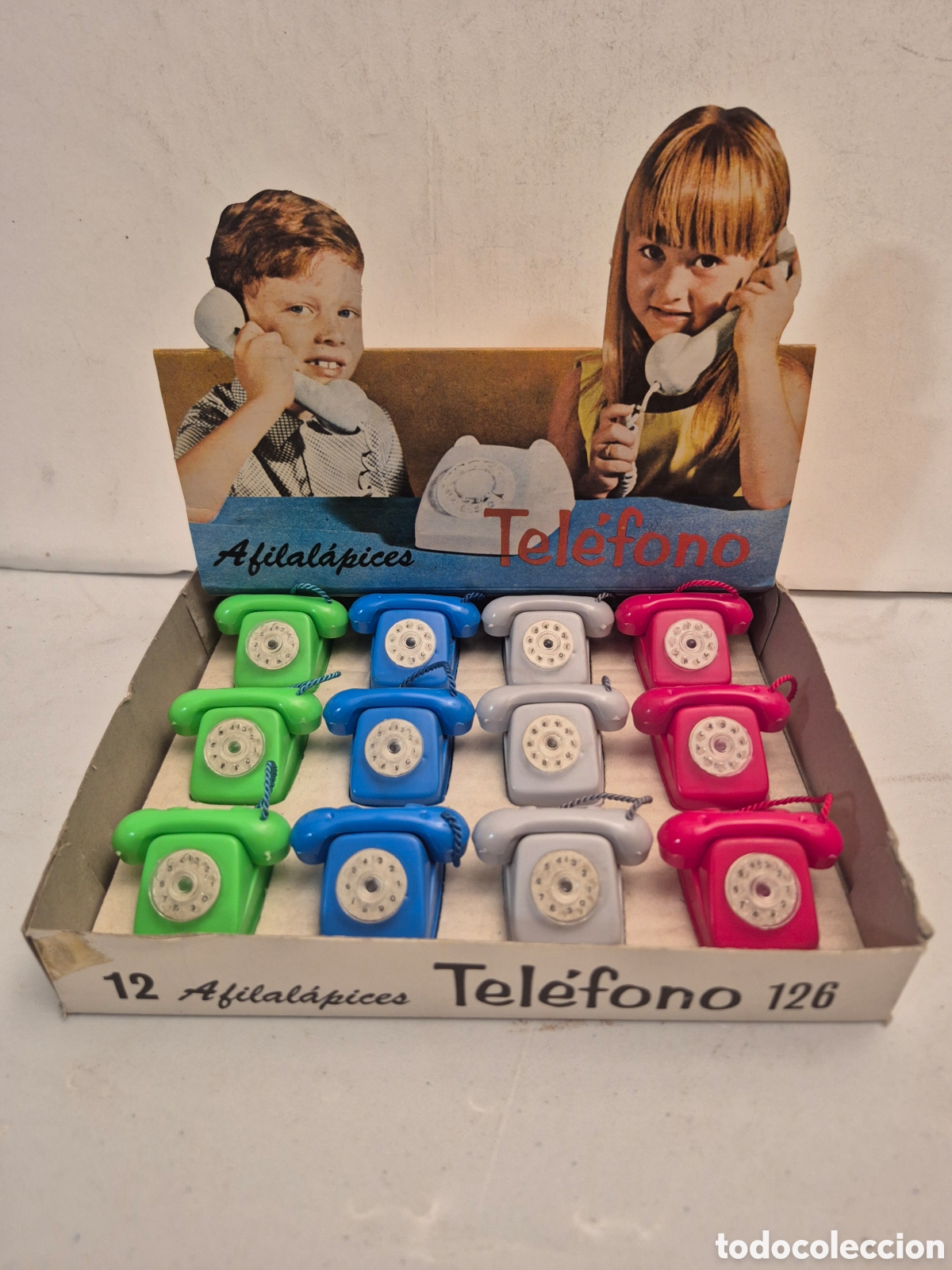 Juguetes antiguos y juegos de colecci&oacute;n: CAJA COMPLETA 12 TEL&Eacute;FONOS 126 AFILAL&Aacute;PICES SACAPUNTAS, NUEVO A&Ntilde;OS 60-70