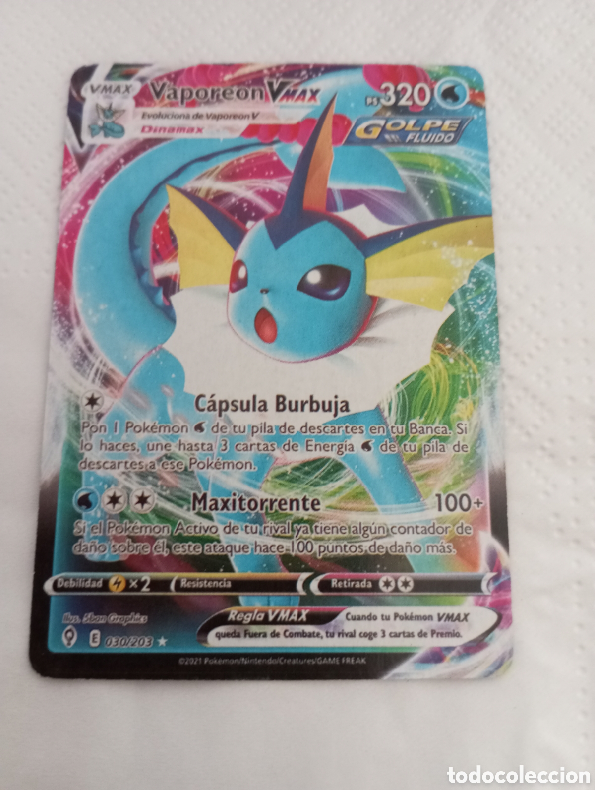 Juguetes antiguos y juegos de colecci&oacute;n: Carta Pok&eacute;mon vaporeon vmax ps 320 golpe fluido 030/203