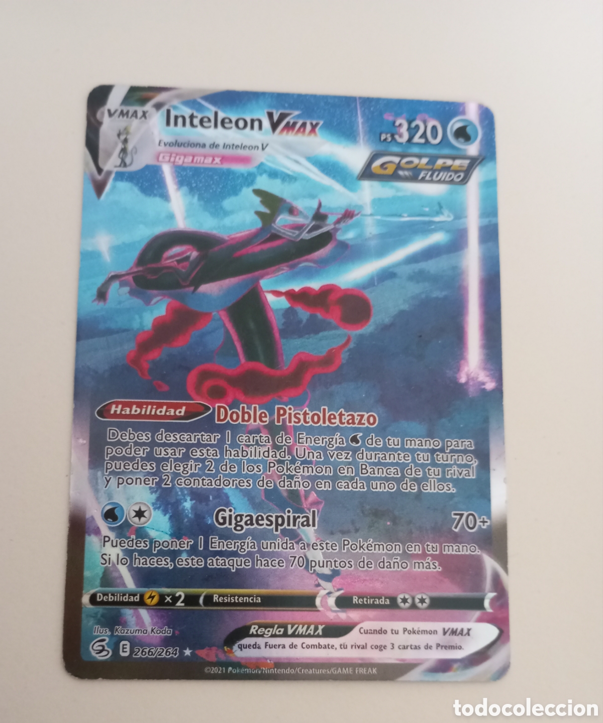 Juguetes antiguos y juegos de colecci&oacute;n: Carta Pok&eacute;mon interleon v Max ps 320 266/264 golpe fluido