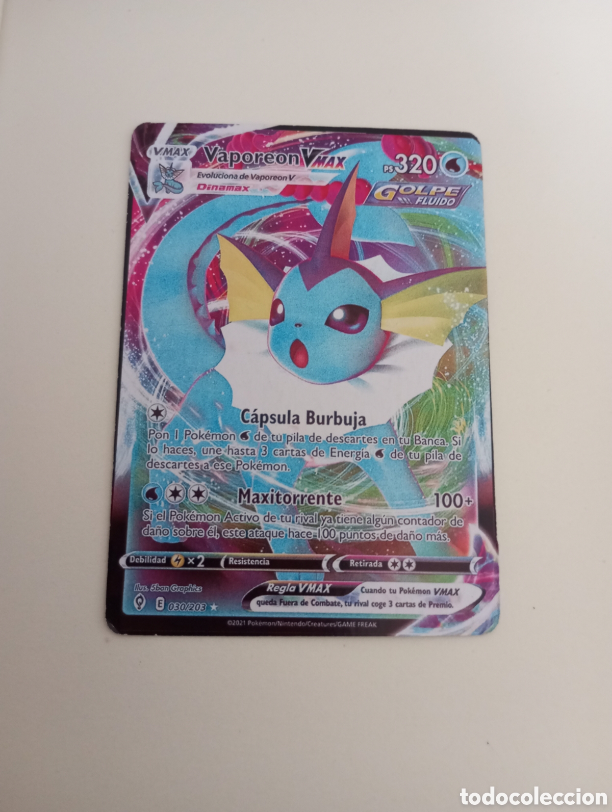 Juguetes antiguos y juegos de colecci&oacute;n: Carta Pok&eacute;mon vaporeon vmax PS 320 c&aacute;psula burbuja 030/203