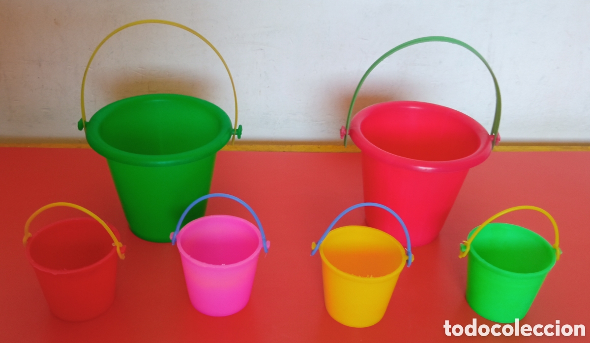 Juguetes antiguos y juegos de colecci&oacute;n: LOTE DE 6 CUBOS/BALDES ASA MINIS 2 TAMA&Ntilde;OS.NACIONAL 60'S.NUEVOS.