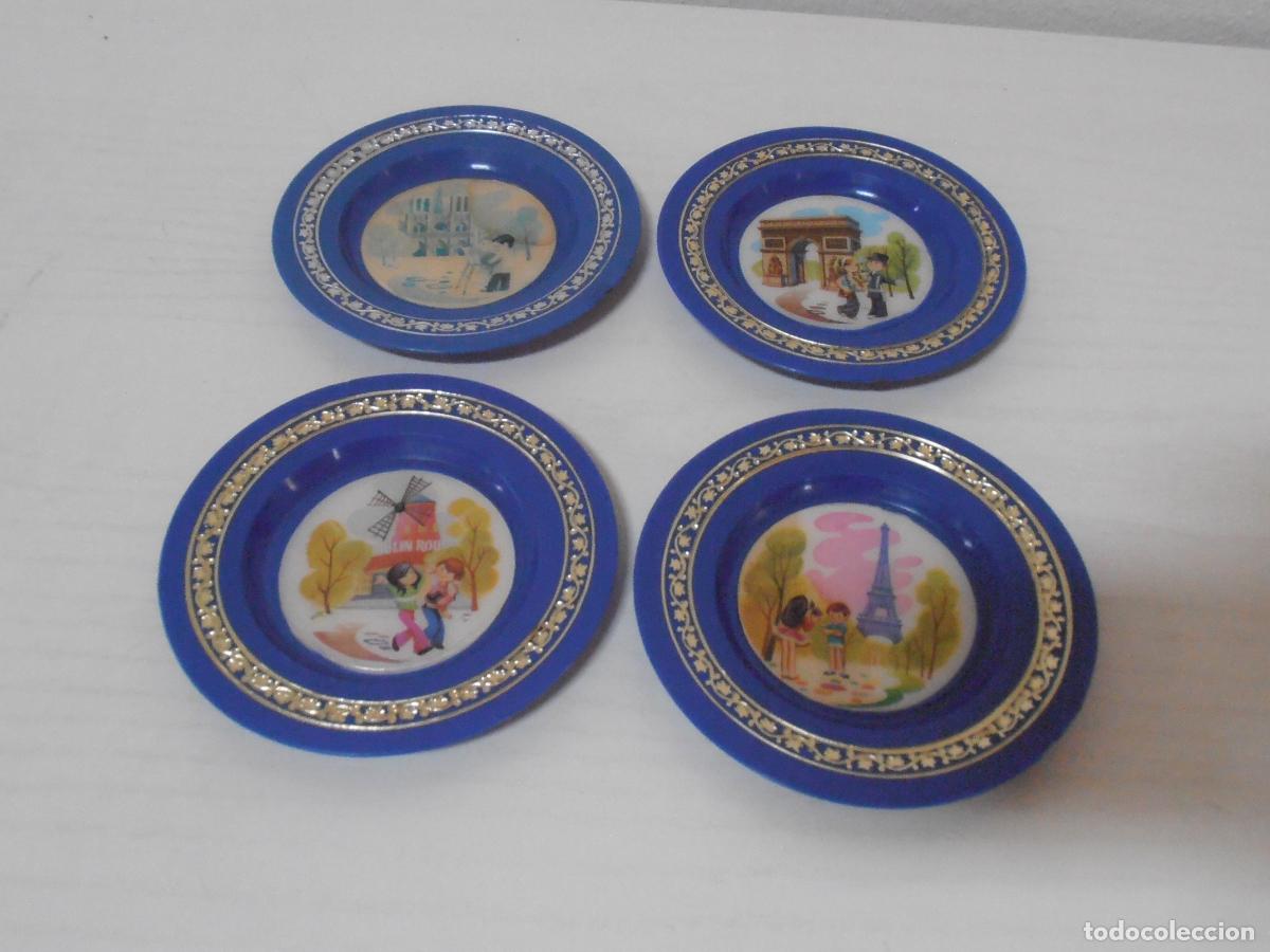 Juguetes antiguos y juegos de colecci&oacute;n: LOTE CACHARRITOS DE COCINA JUGUETE, 4 PLATOS DECORADOS CIUDADES, V-16, A&Ntilde;OS 70