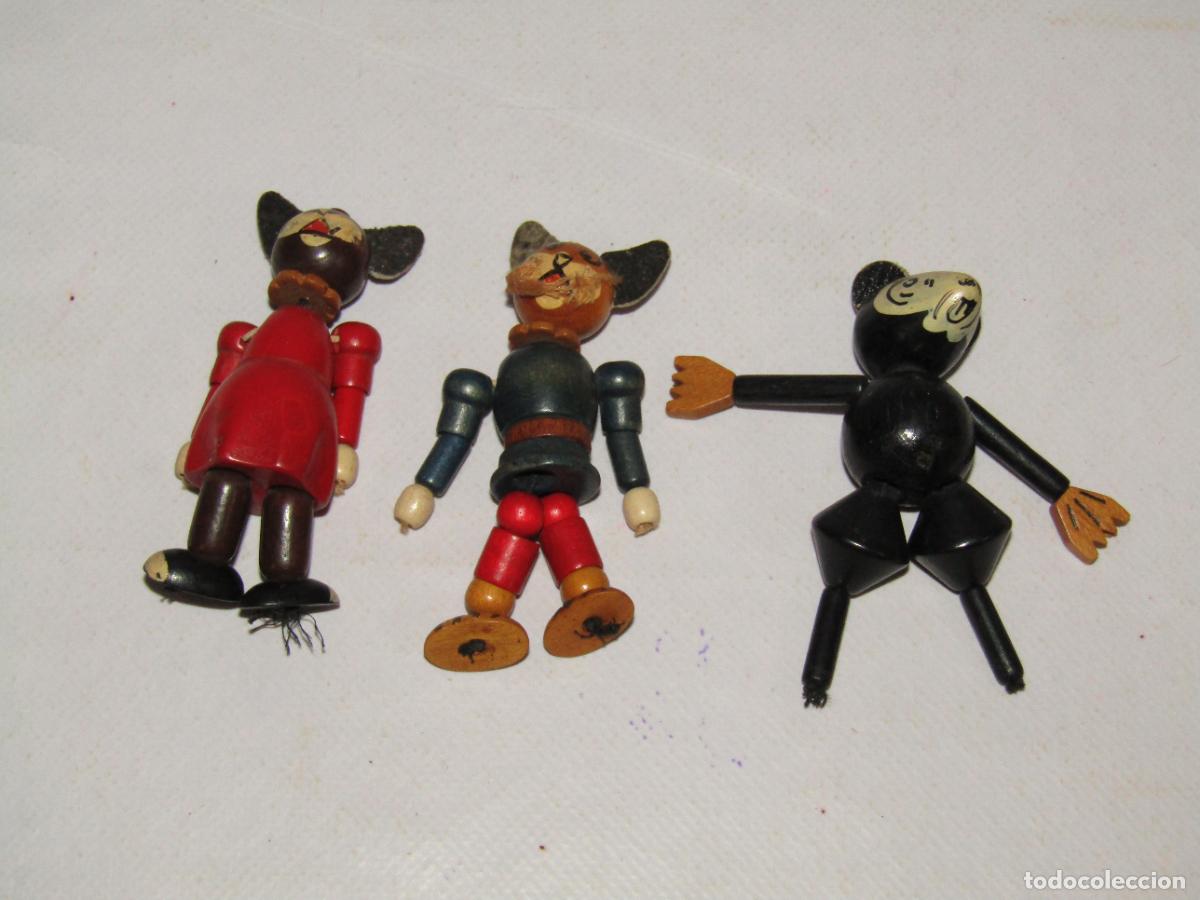Juguetes antiguos y juegos de colecci&oacute;n: Antiguo Mickey, Minnie y Gato en Delicada Madera Pulida, Maciza y Policromada