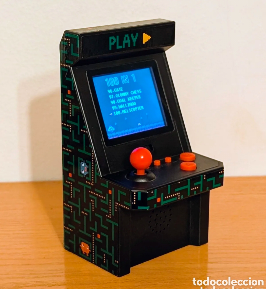 Juguetes antiguos y juegos de colecci&oacute;n: Mini m&aacute;quina recreativa port&aacute;til con tem&aacute;tica de Pac-Man.&nbsp;100 Juegos