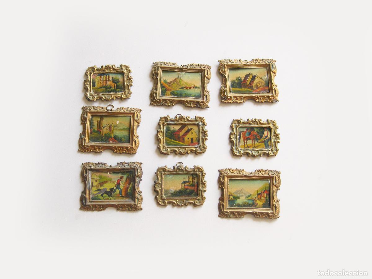 Altes Spielzeug und Spiele: 9 CUADROS O DIBUJOS AL OLEO EN MINIATURA PINTADOS SOBRE CHAPA Y MARCOS DE LAT&Oacute;N. CIRCA 1900
