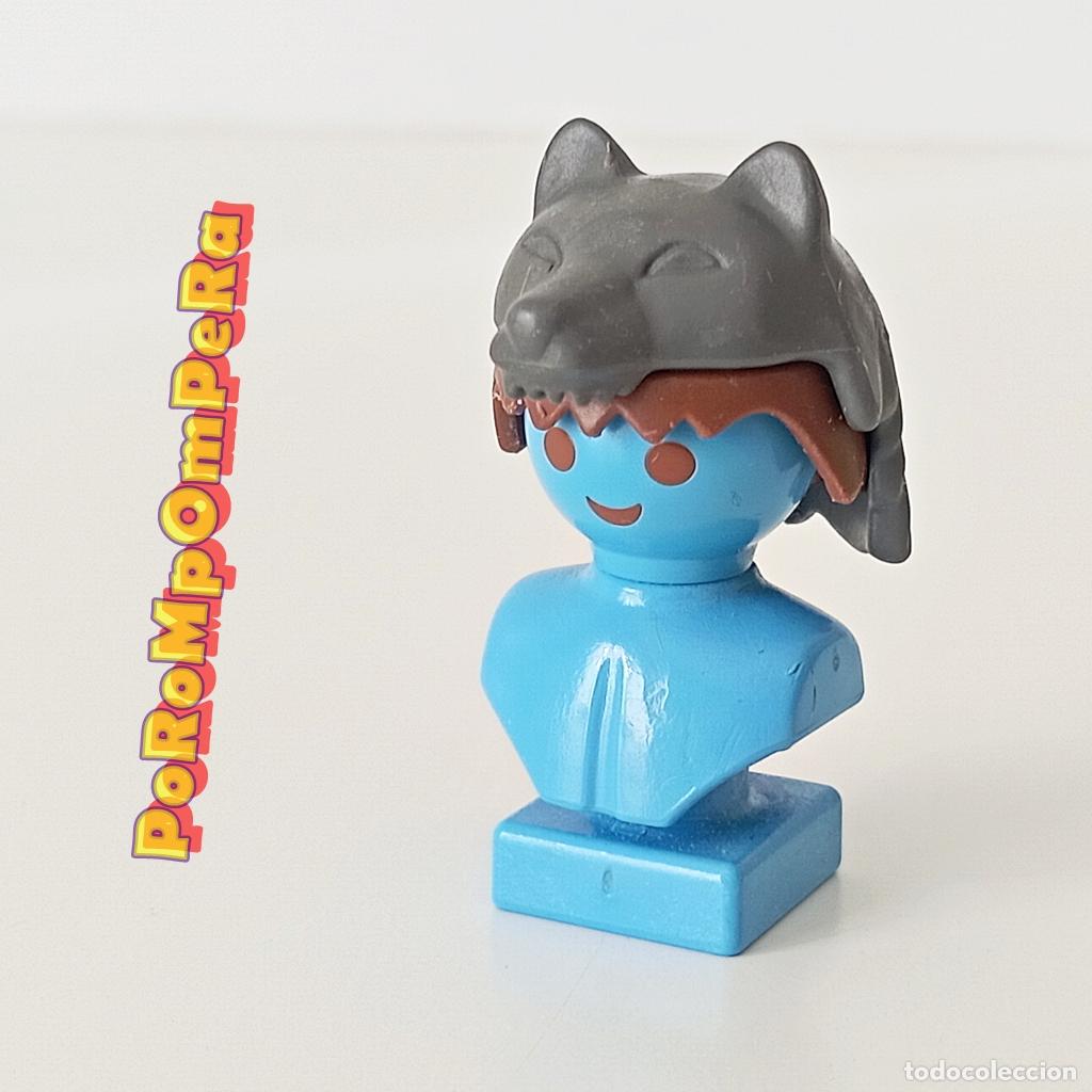Juguetes antiguos y juegos de colecci&oacute;n: PLAYMOBIL cabeza piel de lobo gris oscuro gorro casco guerrero vikingo b&aacute;rbaro druida medieval F5
