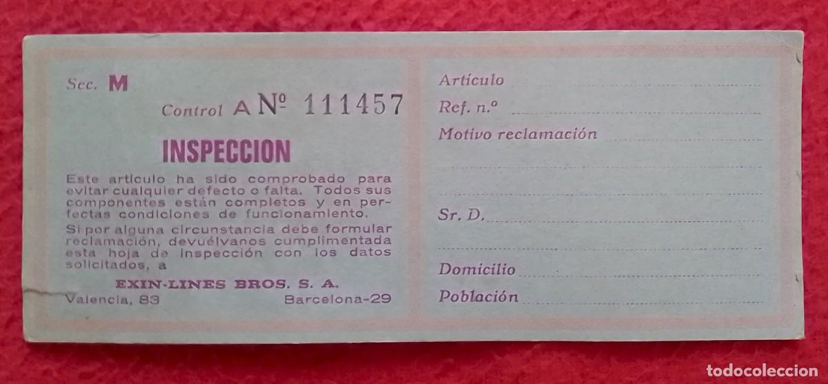 Juguetes antiguos y juegos de colecci&oacute;n: ANTIGUA CARTULINA TARJETA O SIMIL INSPECCI&Oacute;N EXIN-LINES BROS DE BARCELONA &iquest; CINEXIN ? &iquest; CINE EXIN ?.