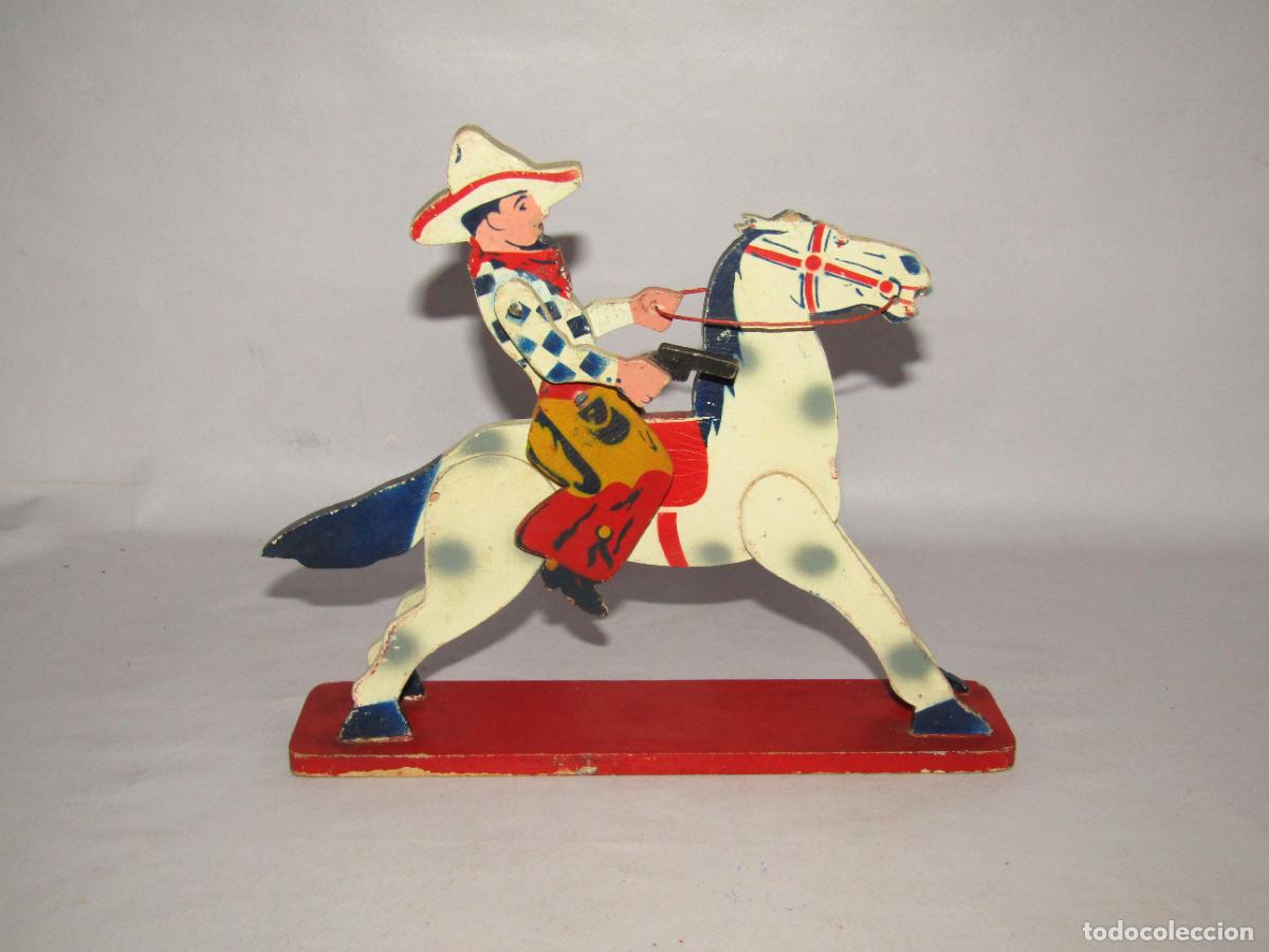 Juguetes antiguos y juegos de colecci&oacute;n: Antiguo Vaquero Cowboy a Caballo en Madera Policromada Fabricaci&oacute;n DIANENSE sin Identificar