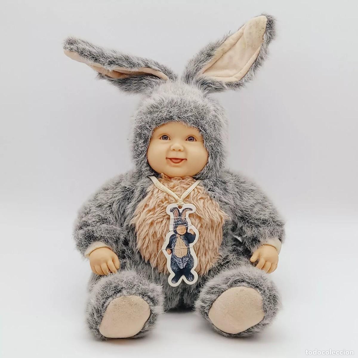 Juguetes Antiguos: Mu&ntilde;eco Baby Rabbit Anne Geddes Grey & Pink 2002 original con etiqueta conejo