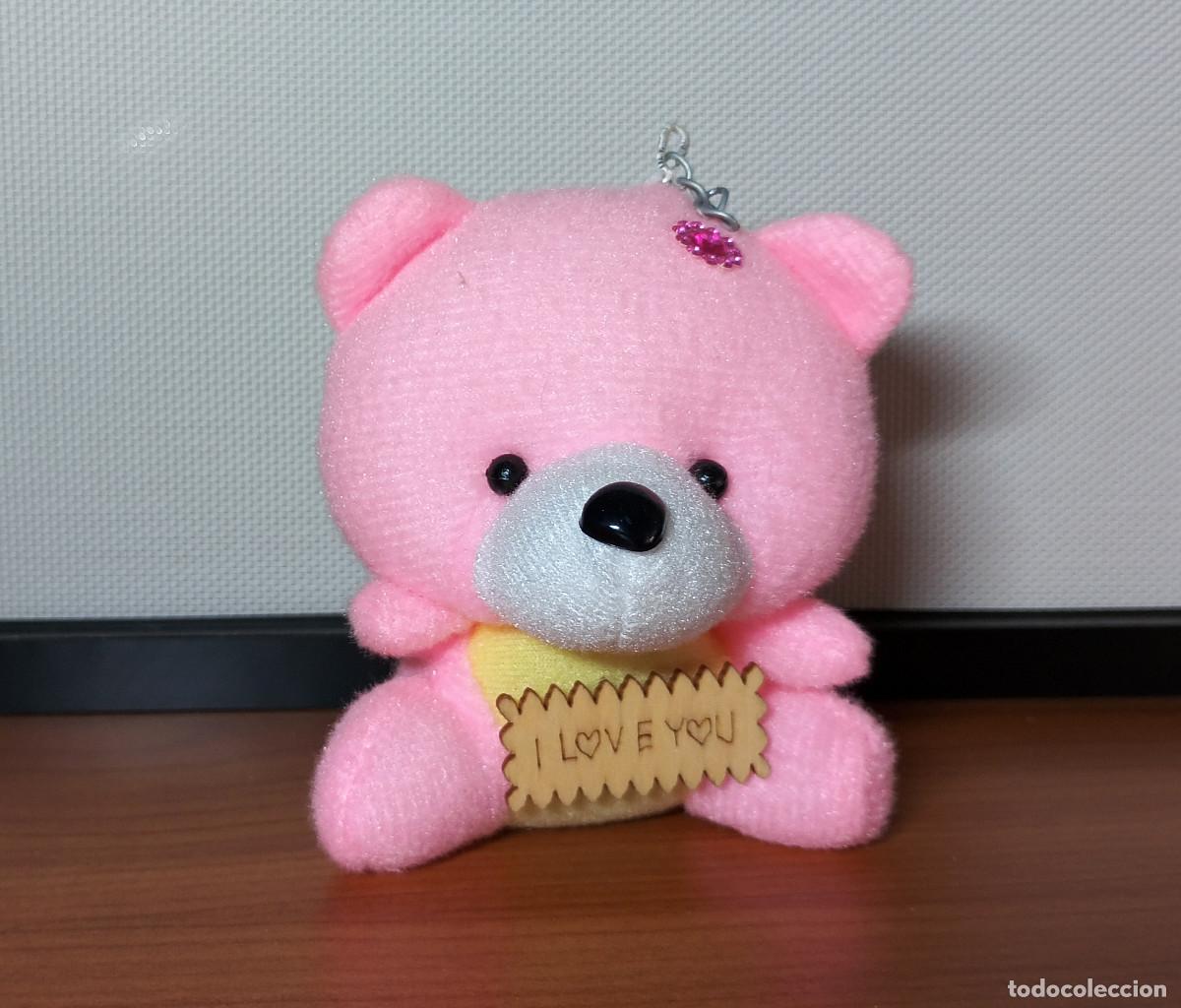 Juguetes antiguos: Oso de peluche rosa con cartel I Love You - 11 cm