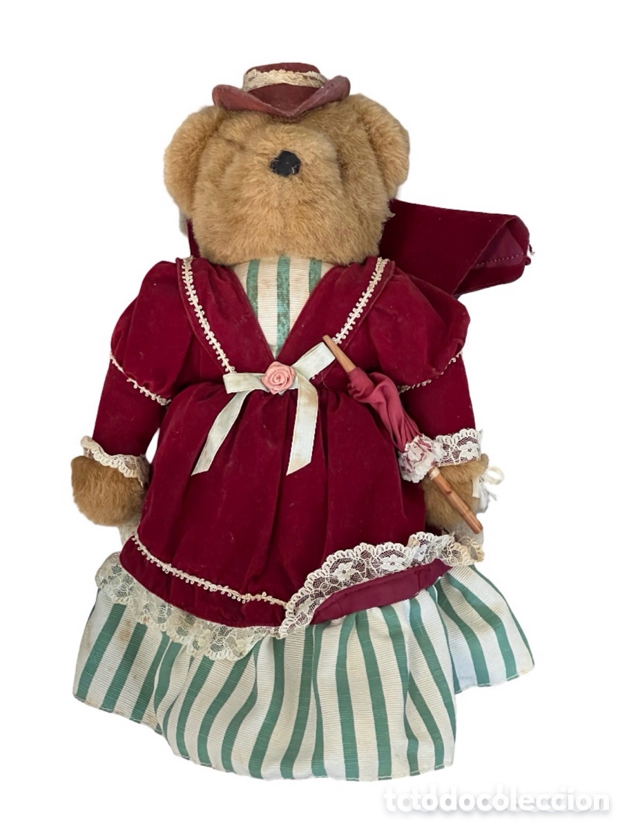 Jouets Anciens: Oso de peluche vintage AVON -vestido victoriano y sombrilla decorativo a&ntilde;os 80