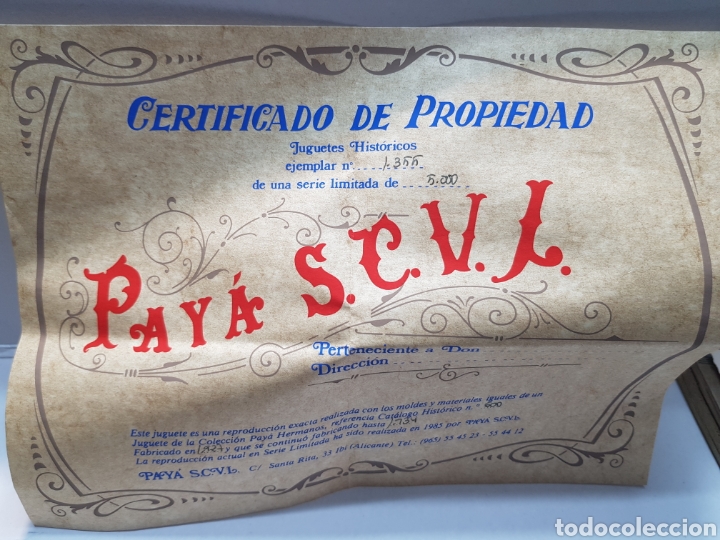 Juguetes antiguos Pay&aacute;: Certificado Paya de Propiedad - Foto 1