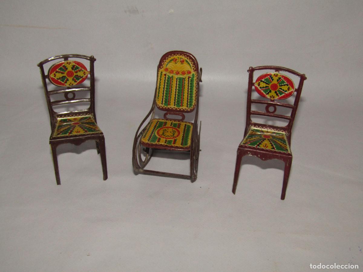 Juguetes antiguos Pay&aacute;: Antiguas Sillas y Mecedora en Hojalata Litografiada de Juguetes Hermanos PAY&Aacute; de Ibi A&ntilde;os 1920-30s.