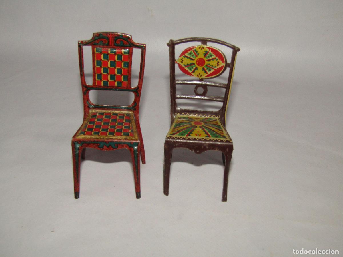 Juguetes antiguos Pay&aacute;: Antigua Pareja de Sillas en Hojalata Litografiada de Juguetes Hermanos PAY&Aacute; de Ibi A&ntilde;os 1920-30s.