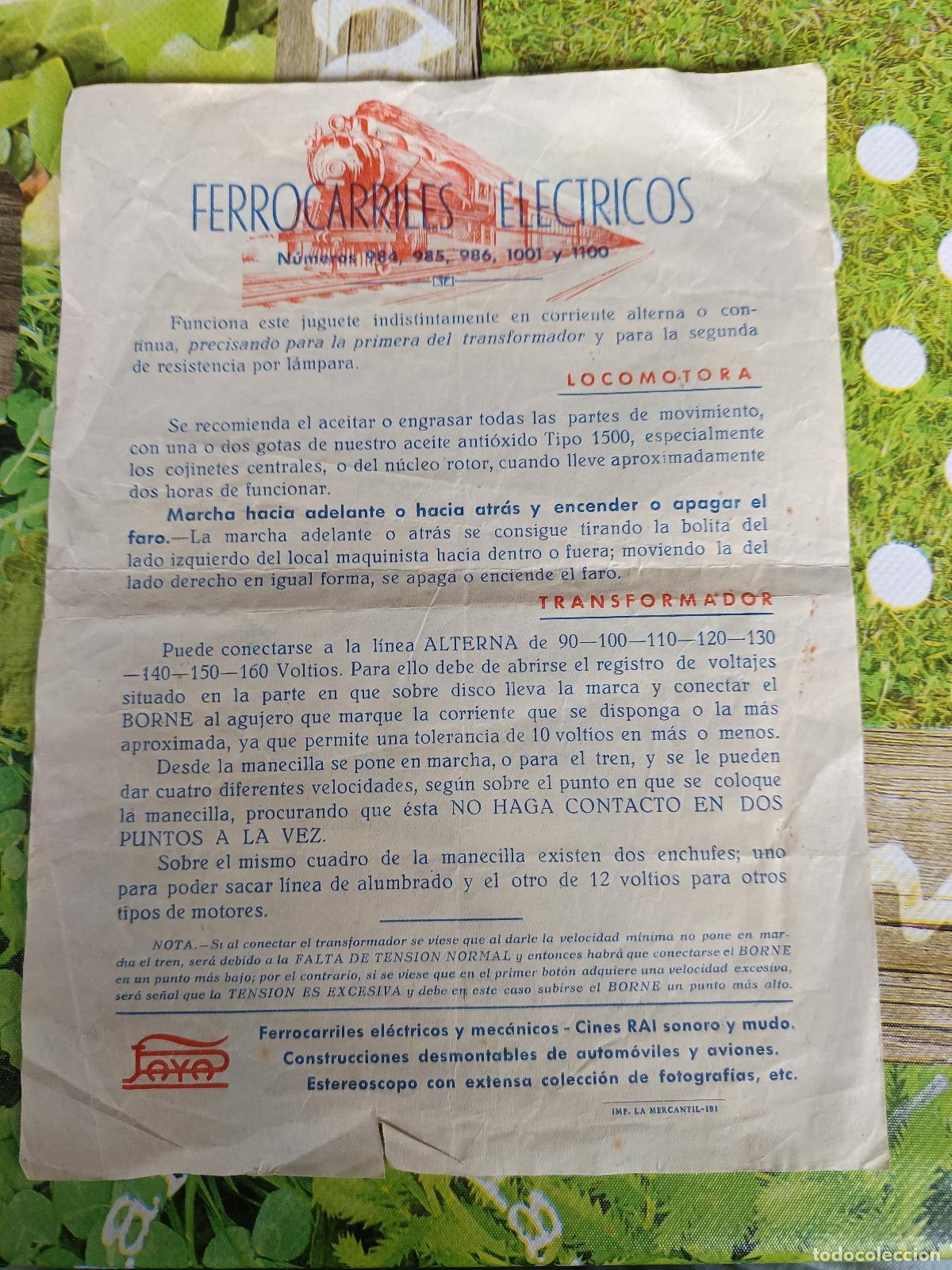 Juguetes antiguos Pay&aacute;: PAYA HOJA INSTRUCCIONES FERROCARRILES EL&Eacute;CTRICOS, NUMEROS 984, 985, 1001 Y 1100,
