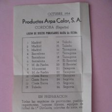 Juguetes Antiguos: HOJA, PEQUEÑO CATALOGO DE DISCOS DE PRODUCTOS ARPA COLOR S. A. OCTUBRE 1954.. Lote 402150704