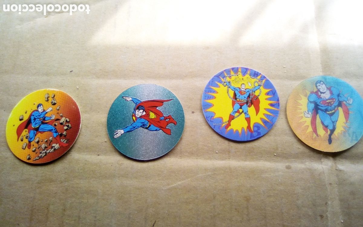 Brinquedos Antigos: 4 Tazos Superman. N&deg; 5-13-29-53. &copy; DC (s09). Frit Ravich.