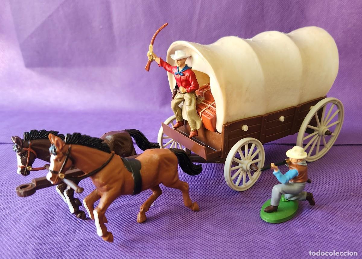 Juguetes antiguos: CARRETA DE VAQUEROS COWBOYS set de soldaditos pl&aacute;stico DSG Argentina Britains