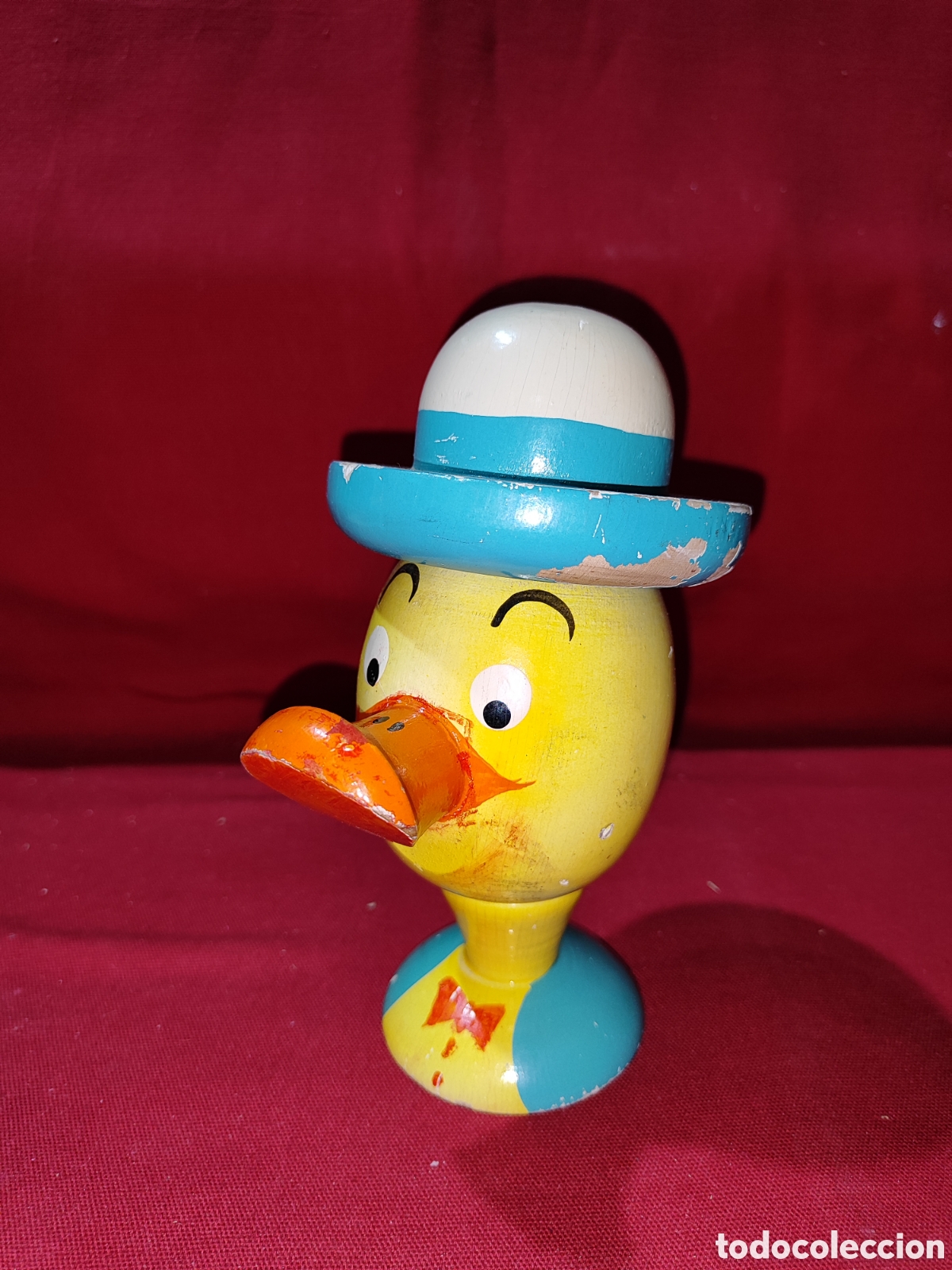 Juguetes antiguos: Curiosa hucha de madera Goula Cabeza Pato - Foto 1